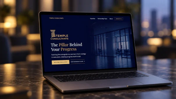 Website design for Temple Consultants displayed on a laptop mockup.